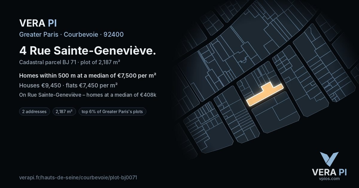 4 Rue Sainte-Geneviève, Courbevoie at night – the plot lit, the parcels around coloured by the prices near them