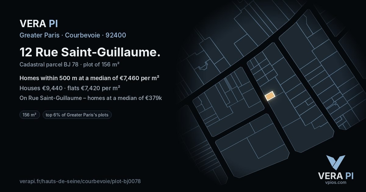 12 Rue Saint-Guillaume, Courbevoie at night – the plot lit, the parcels around coloured by the prices near them