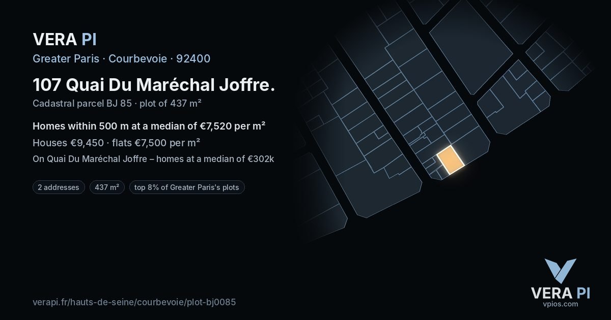 107 Quai Du Maréchal Joffre, Courbevoie at night – the plot lit, the parcels around coloured by the prices near them