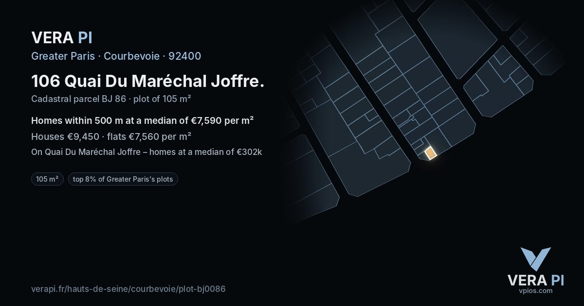 106 Quai Du Maréchal Joffre, Courbevoie at night – the plot lit, the parcels around coloured by the prices near them