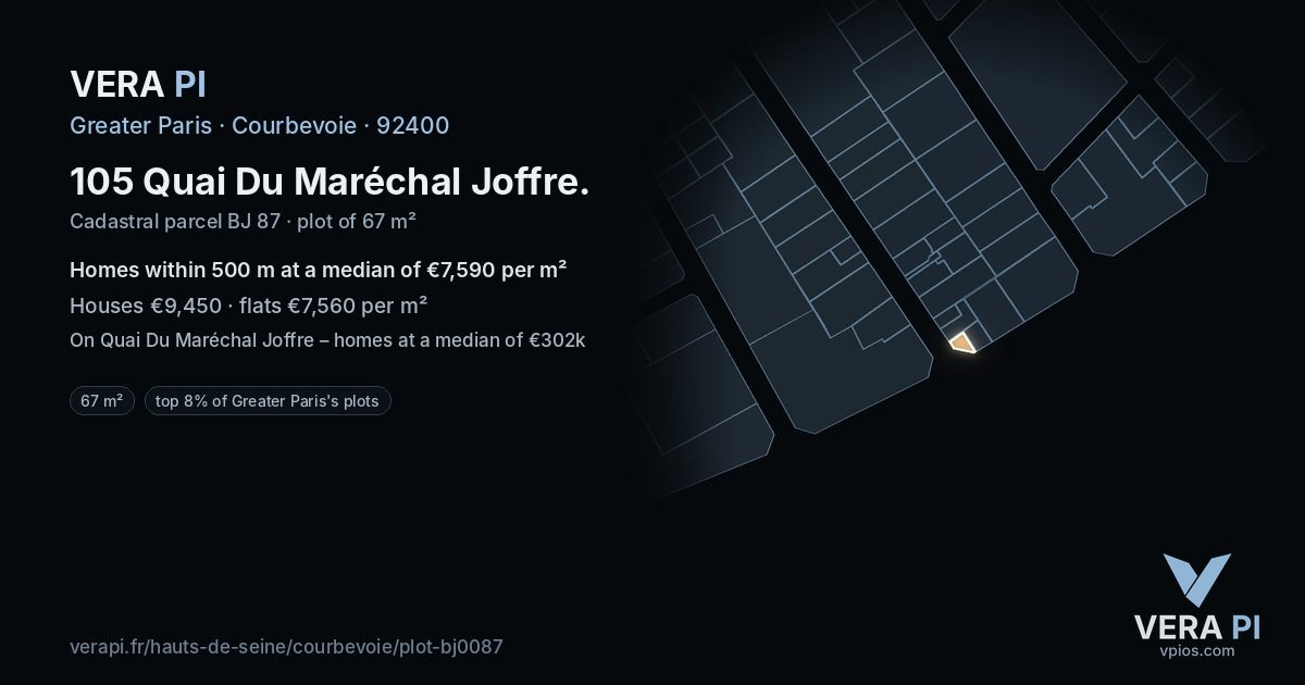 105 Quai Du Maréchal Joffre, Courbevoie at night – the plot lit, the parcels around coloured by the prices near them