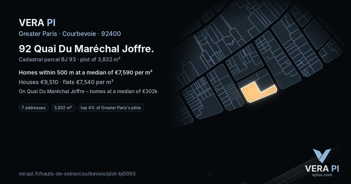 92 Quai Du Maréchal Joffre, Courbevoie at night – the plot lit, the parcels around coloured by the prices near them