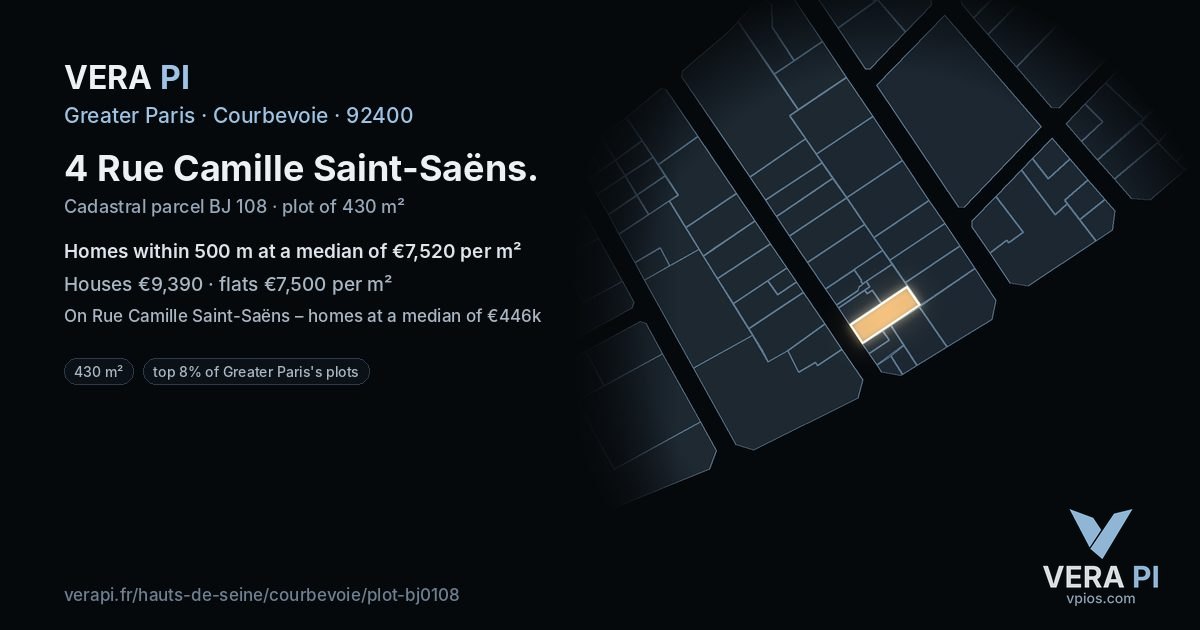 4 Rue Camille Saint-Saëns, Courbevoie at night – the plot lit, the parcels around coloured by the prices near them