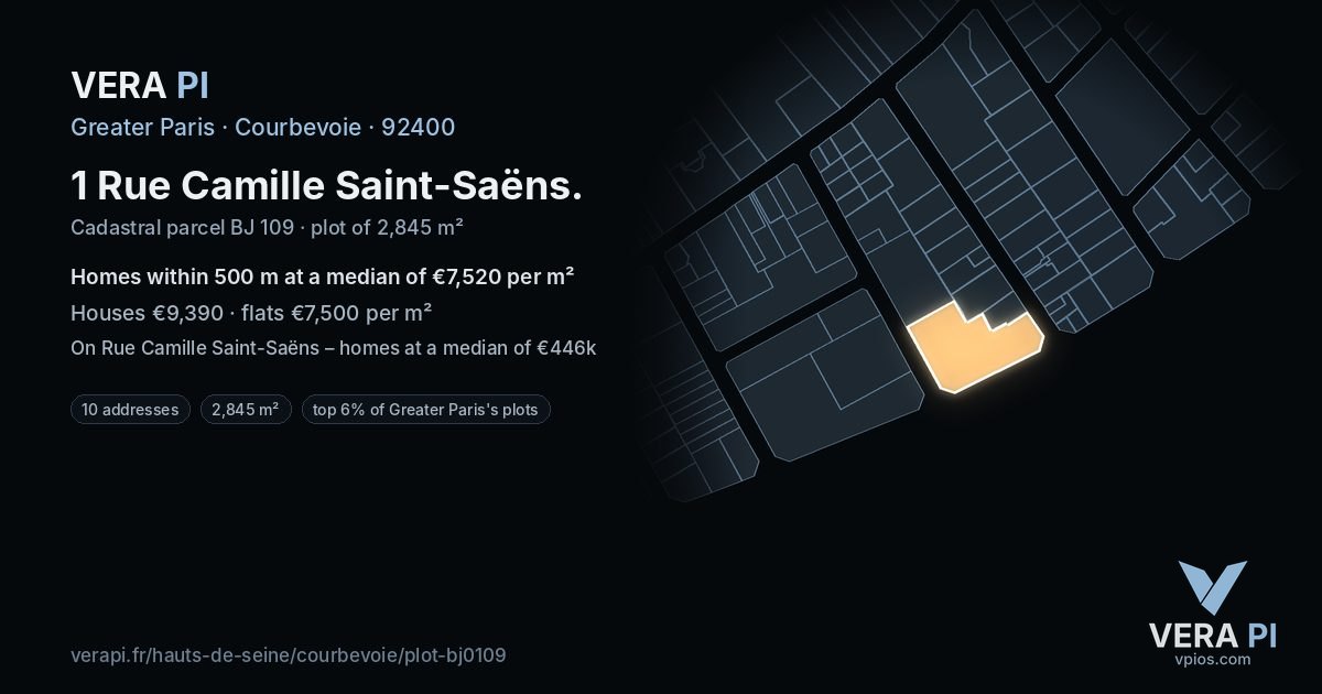 1 Rue Camille Saint-Saëns, Courbevoie at night – the plot lit, the parcels around coloured by the prices near them