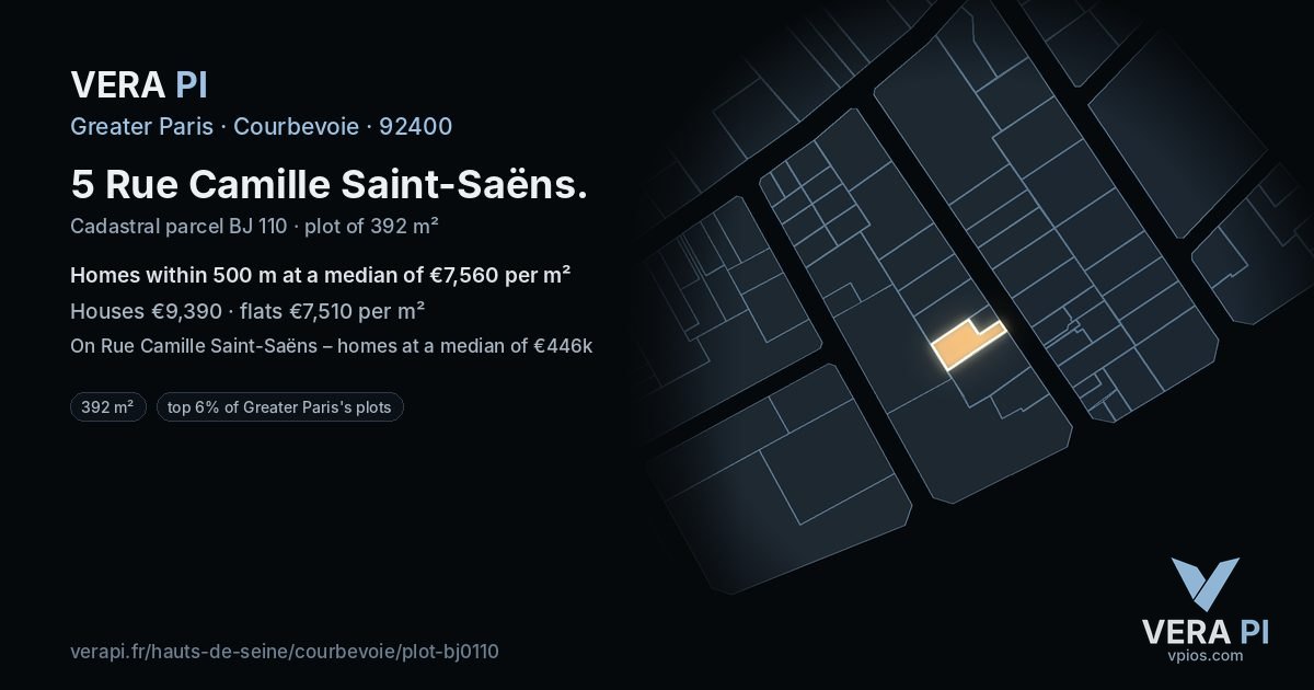 5 Rue Camille Saint-Saëns, Courbevoie at night – the plot lit, the parcels around coloured by the prices near them