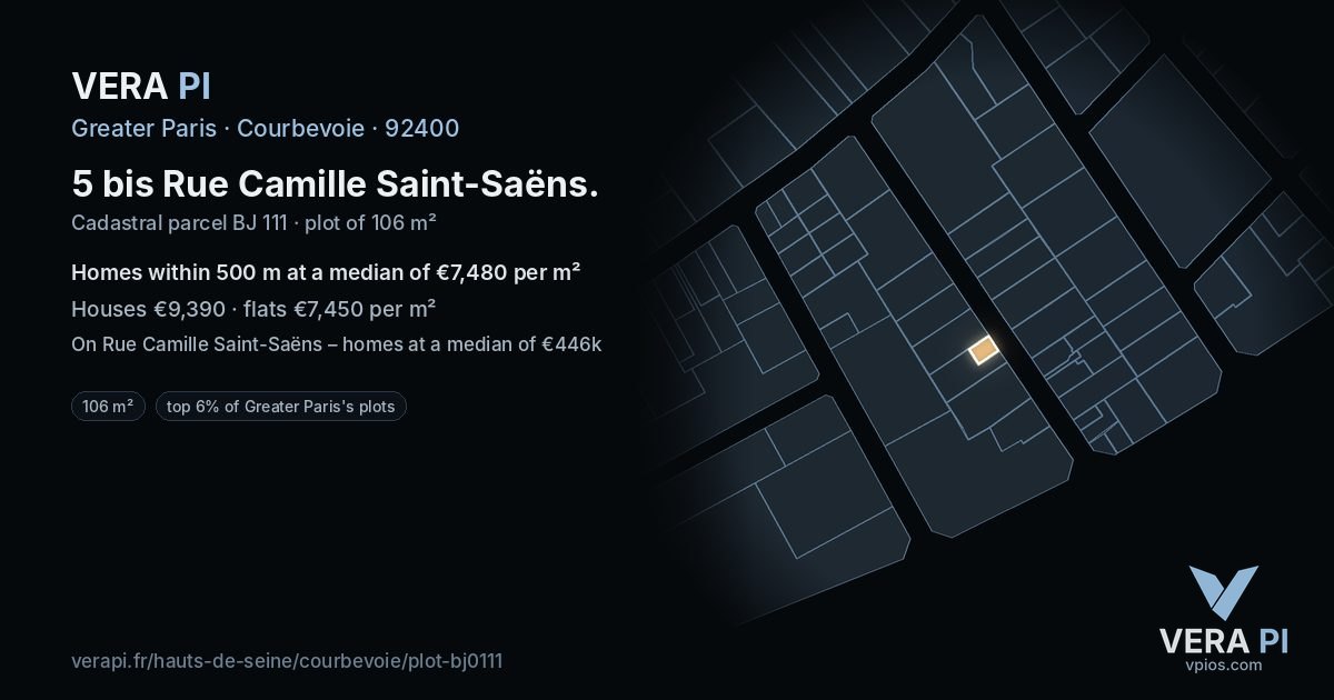 5 bis Rue Camille Saint-Saëns, Courbevoie at night – the plot lit, the parcels around coloured by the prices near them