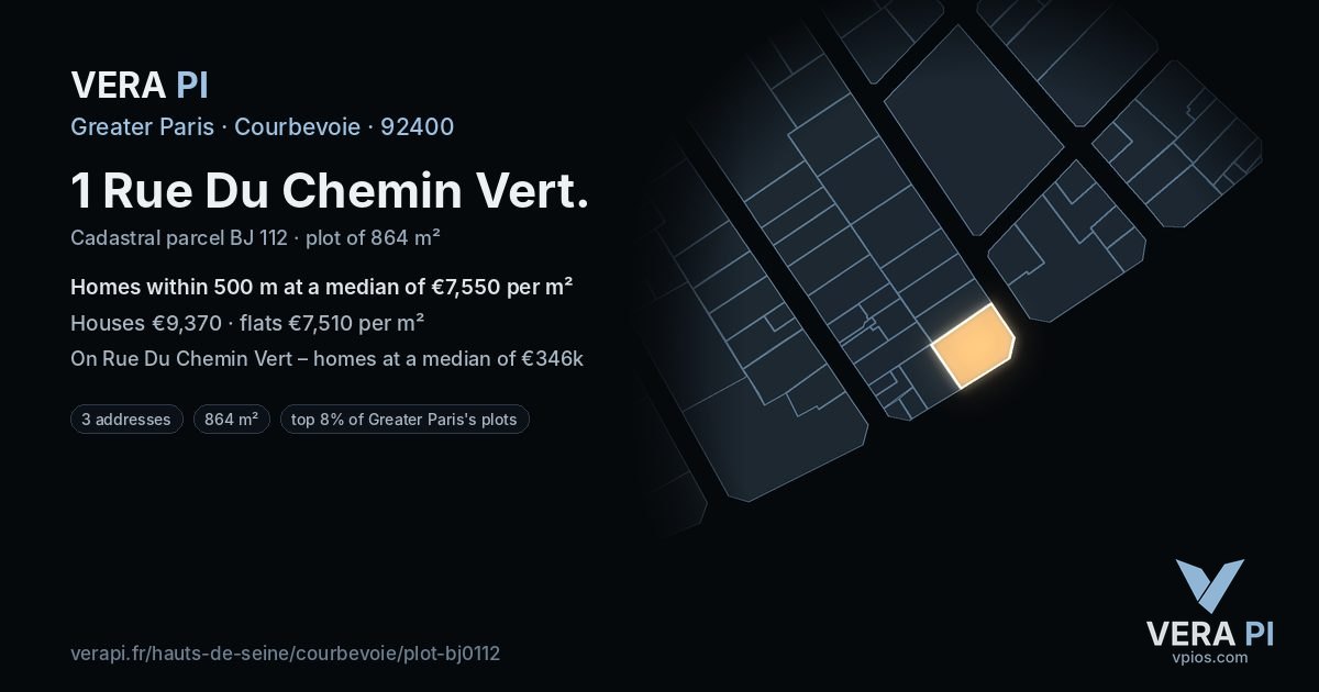 1 Rue Du Chemin Vert, Courbevoie at night – the plot lit, the parcels around coloured by the prices near them