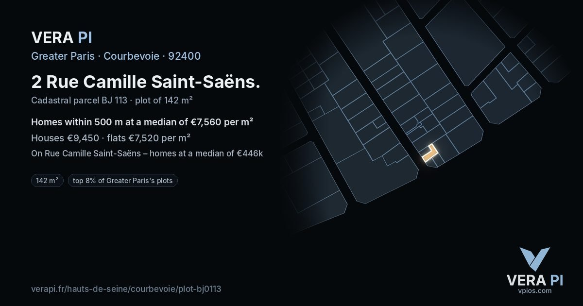 2 Rue Camille Saint-Saëns, Courbevoie at night – the plot lit, the parcels around coloured by the prices near them