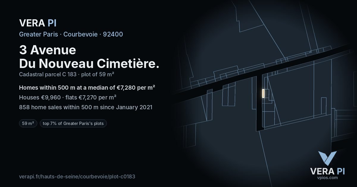 3 Avenue Du Nouveau Cimetière, Courbevoie at night – the plot lit, the parcels around coloured by the prices near them