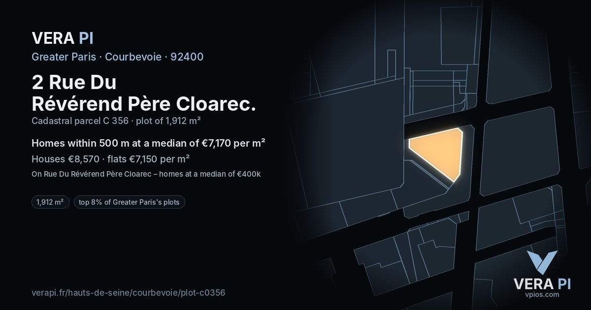 2 Rue Du Révérend Père Cloarec, Courbevoie at night – the plot lit, the parcels around coloured by the prices near them