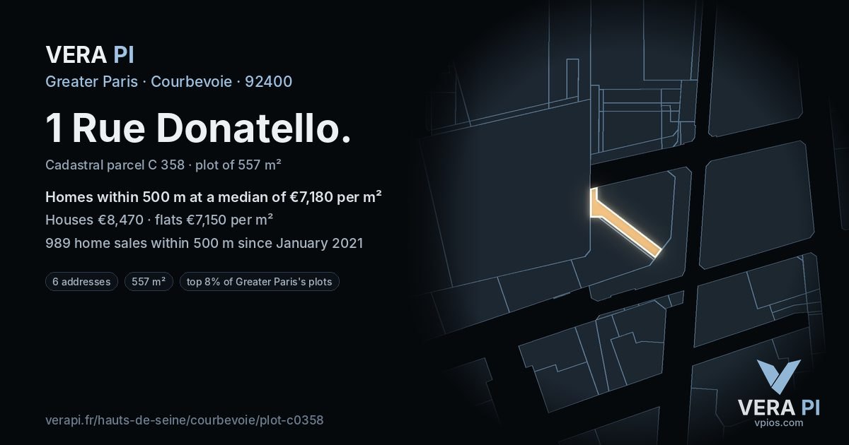 1 Rue Donatello, Courbevoie at night – the plot lit, the parcels around coloured by the prices near them