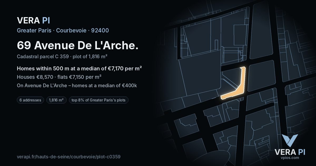 69 Avenue De L'Arche, Courbevoie at night – the plot lit, the parcels around coloured by the prices near them