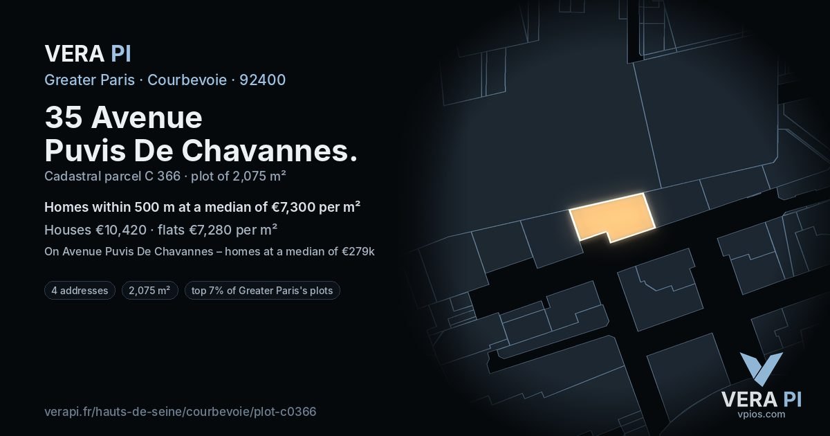 35 Avenue Puvis De Chavannes, Courbevoie at night – the plot lit, the parcels around coloured by the prices near them