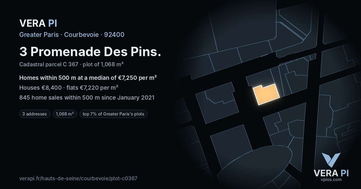 3 Promenade Des Pins, Courbevoie at night – the plot lit, the parcels around coloured by the prices near them
