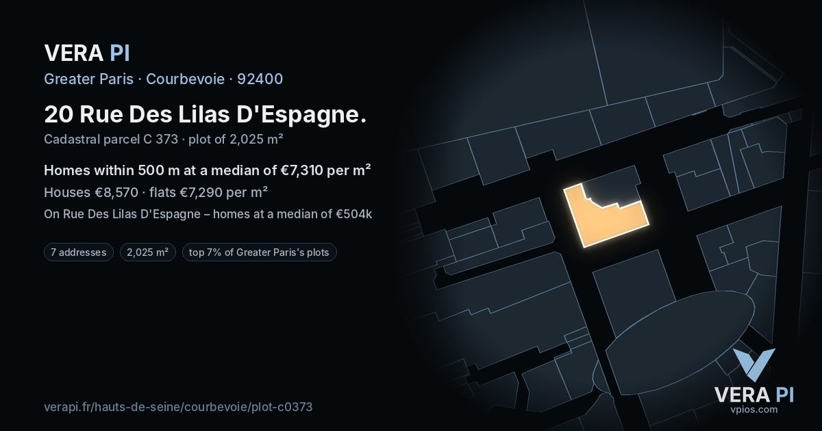 20 Rue Des Lilas D'Espagne, Courbevoie at night – the plot lit, the parcels around coloured by the prices near them