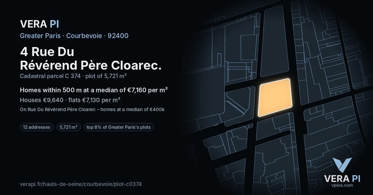 4 Rue Du Révérend Père Cloarec, Courbevoie at night – the plot lit, the parcels around coloured by the prices near them