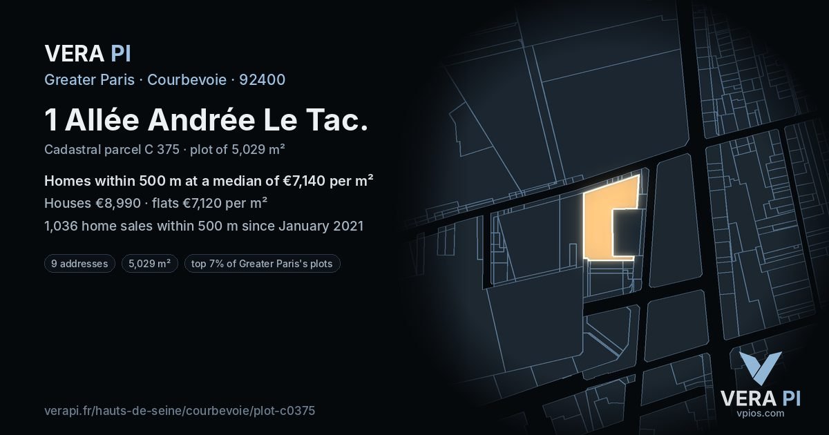 1 Allée Andrée Le Tac, Courbevoie at night – the plot lit, the parcels around coloured by the prices near them