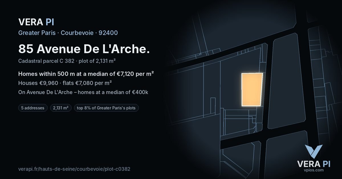 85 Avenue De L'Arche, Courbevoie at night – the plot lit, the parcels around coloured by the prices near them