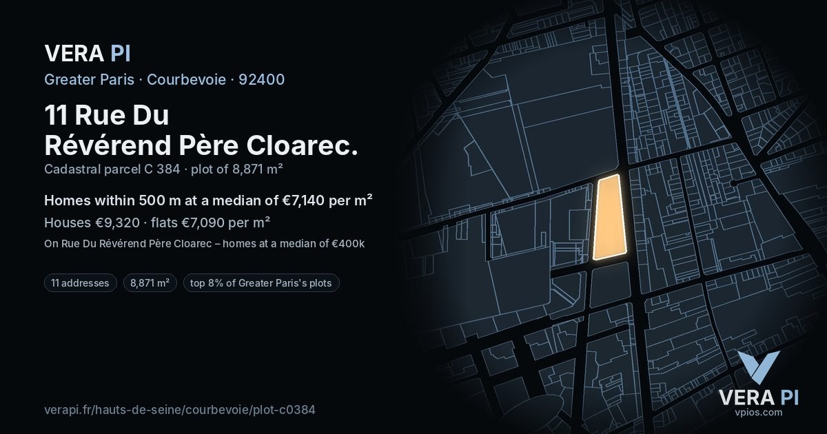 11 Rue Du Révérend Père Cloarec, Courbevoie at night – the plot lit, the parcels around coloured by the prices near them