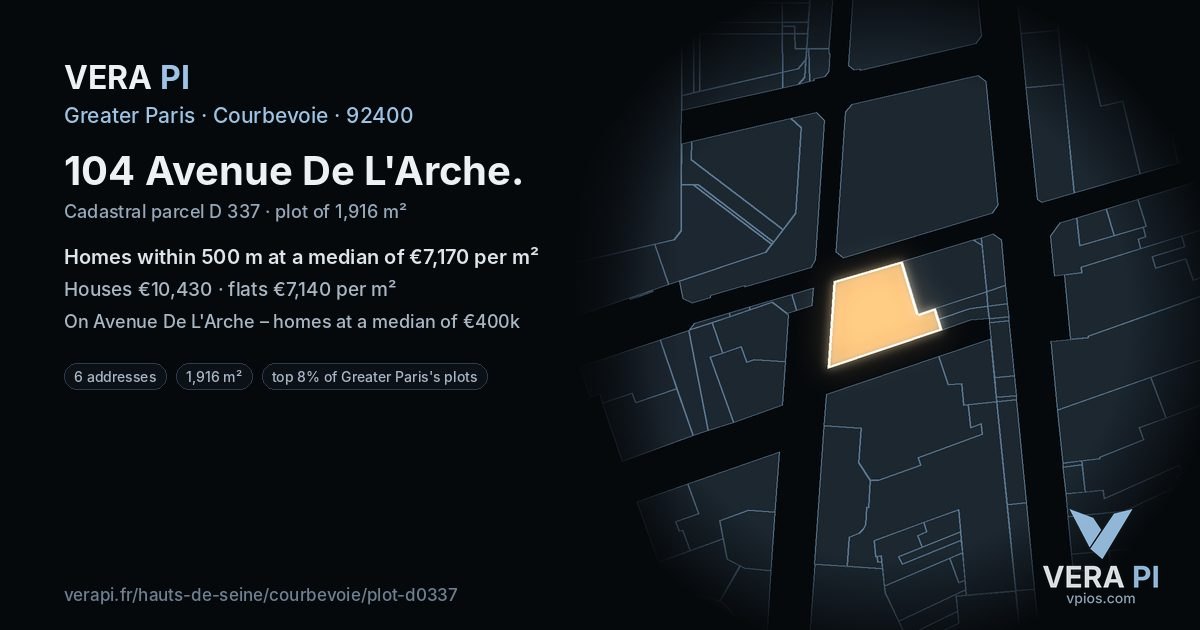 104 Avenue De L'Arche, Courbevoie at night – the plot lit, the parcels around coloured by the prices near them