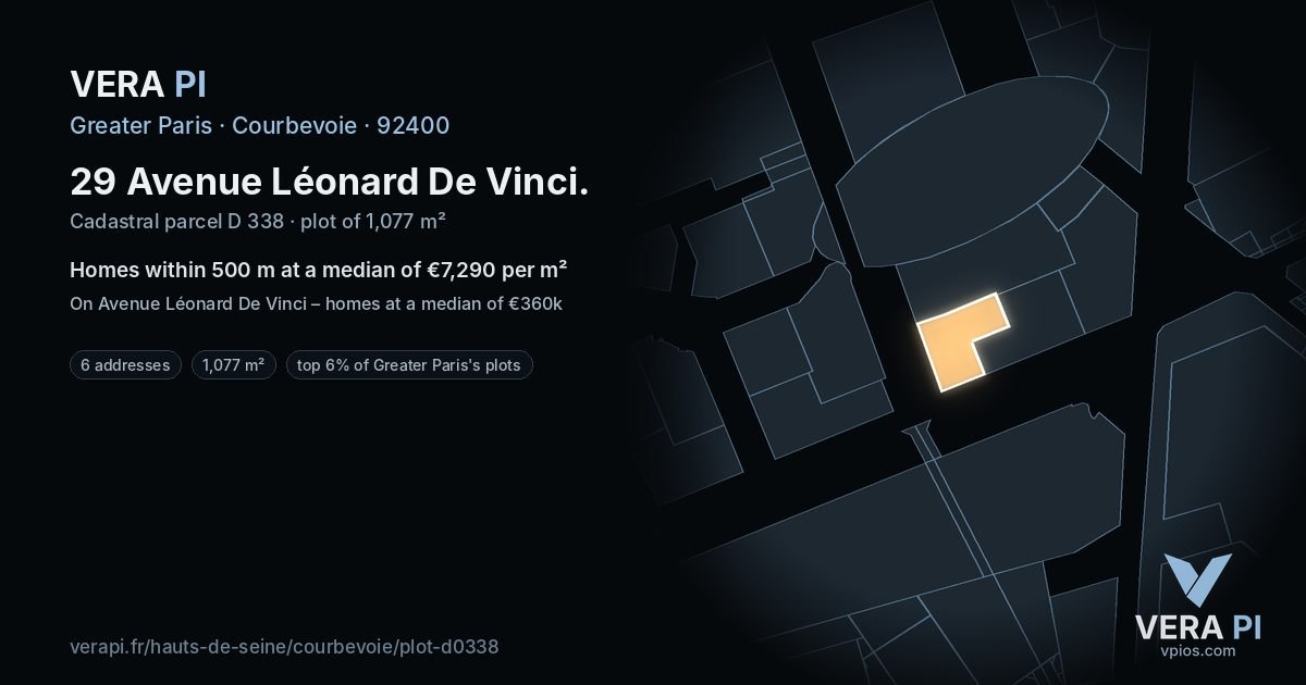 29 Avenue Léonard De Vinci, Courbevoie at night – the plot lit, the parcels around coloured by the prices near them