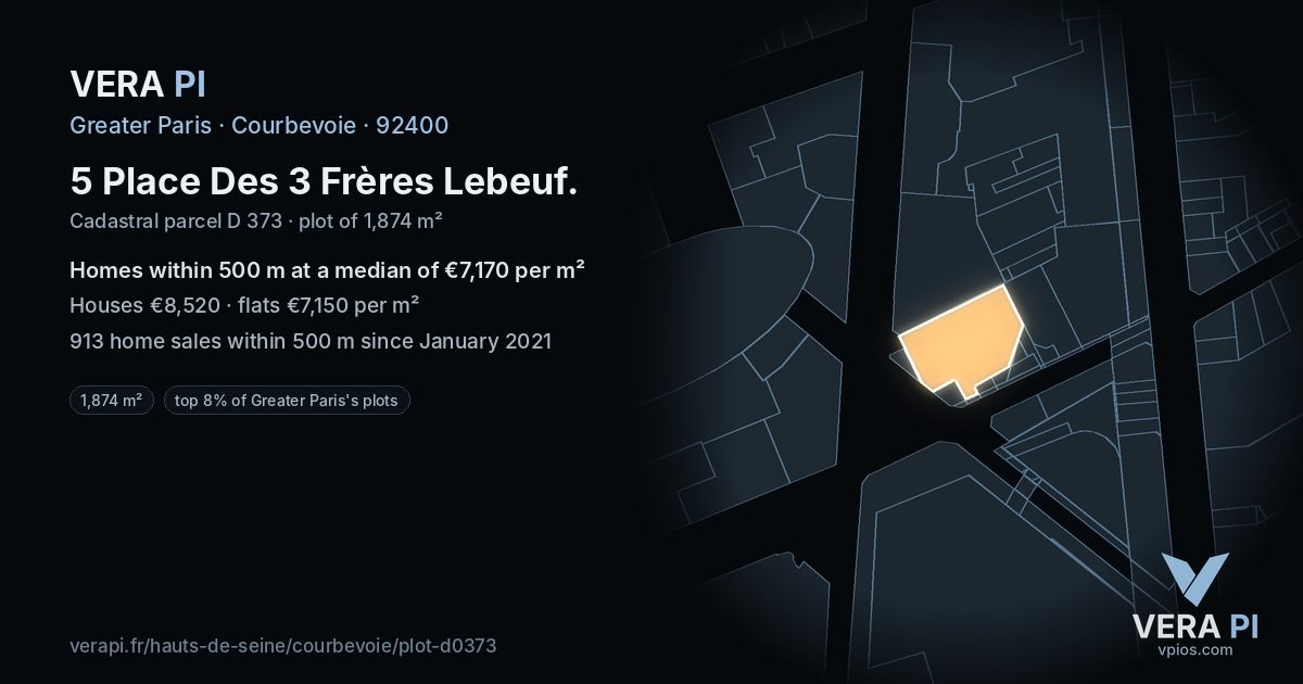 5 Place Des 3 Frères Lebeuf, Courbevoie at night – the plot lit, the parcels around coloured by the prices near them