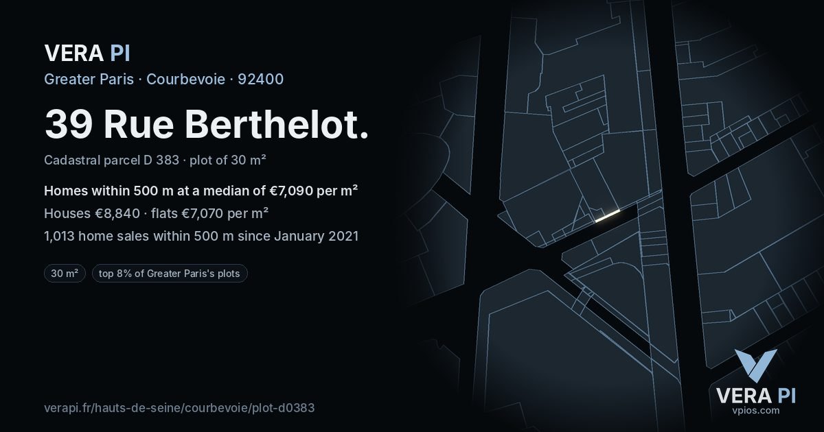 39 Rue Berthelot, Courbevoie at night – the plot lit, the parcels around coloured by the prices near them