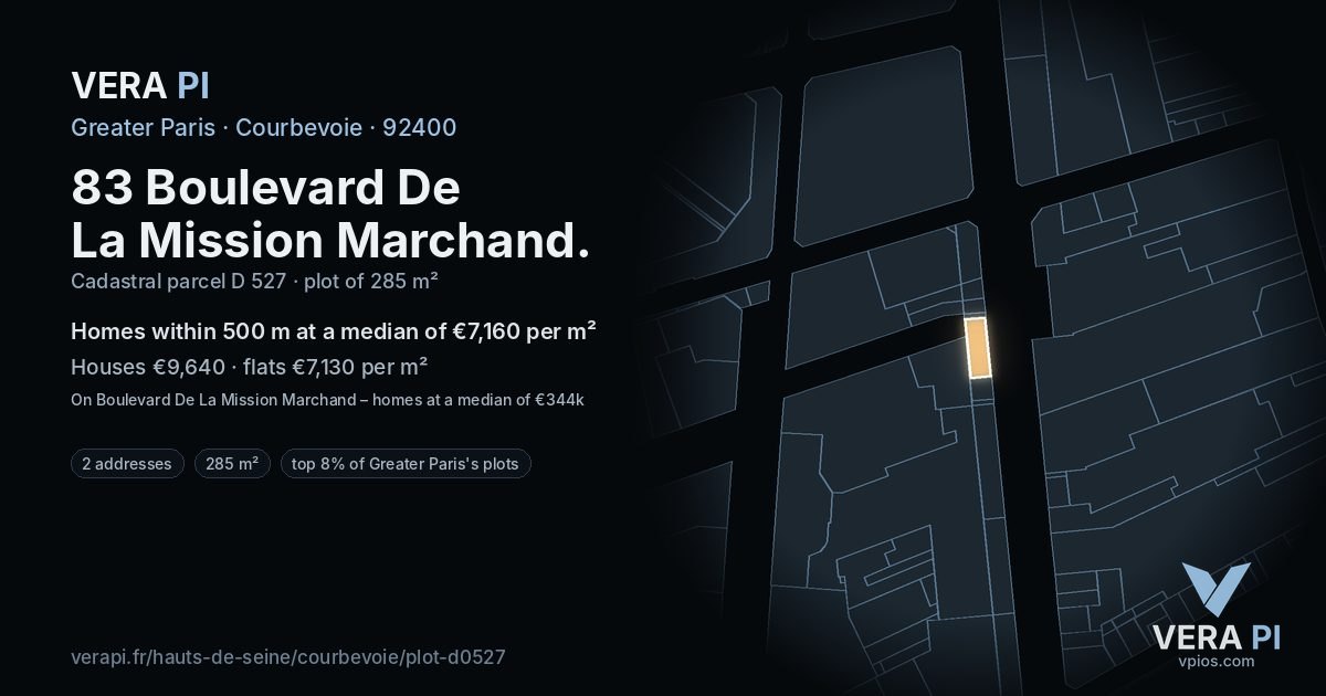 83 Boulevard De La Mission Marchand, Courbevoie at night – the plot lit, the parcels around coloured by the prices near them