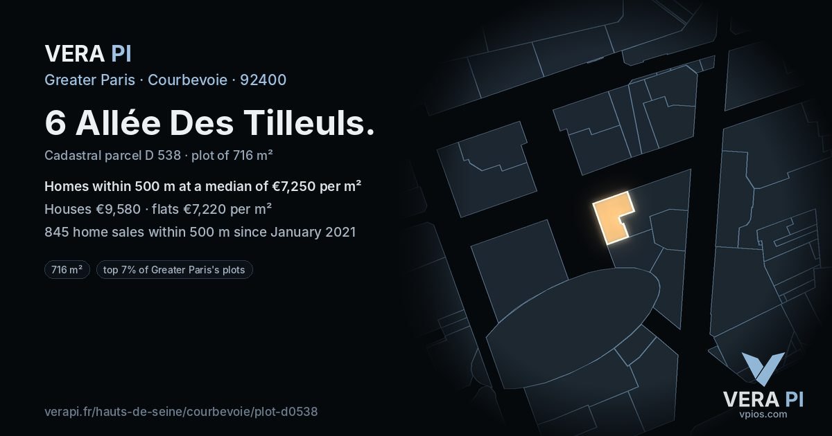 6 Allée Des Tilleuls, Courbevoie at night – the plot lit, the parcels around coloured by the prices near them