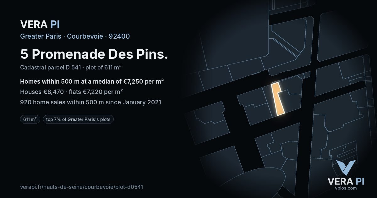 5 Promenade Des Pins, Courbevoie at night – the plot lit, the parcels around coloured by the prices near them