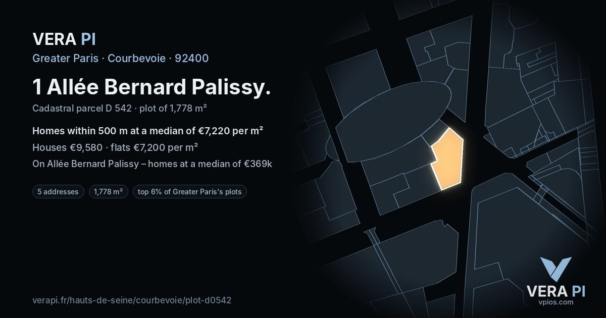 1 Allée Bernard Palissy, Courbevoie at night – the plot lit, the parcels around coloured by the prices near them