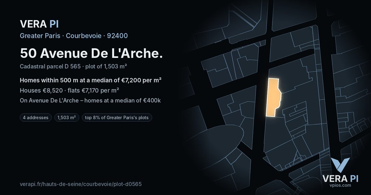 50 Avenue De L'Arche, Courbevoie at night – the plot lit, the parcels around coloured by the prices near them