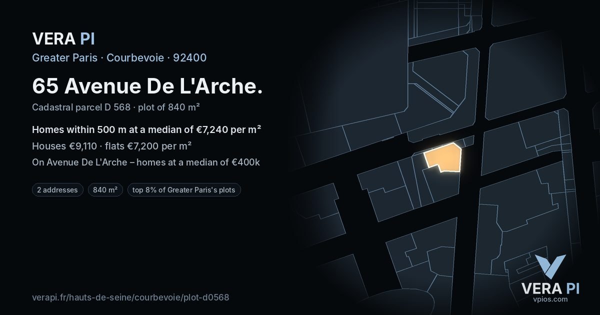 65 Avenue De L'Arche, Courbevoie at night – the plot lit, the parcels around coloured by the prices near them