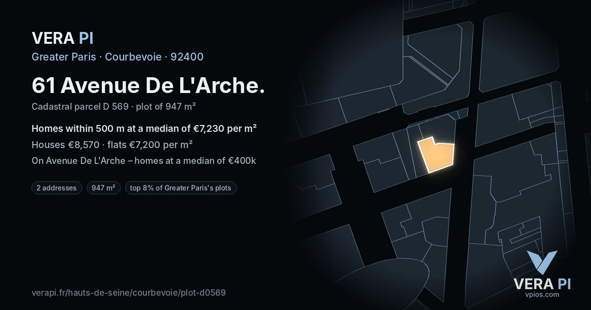 61 Avenue De L'Arche, Courbevoie at night – the plot lit, the parcels around coloured by the prices near them