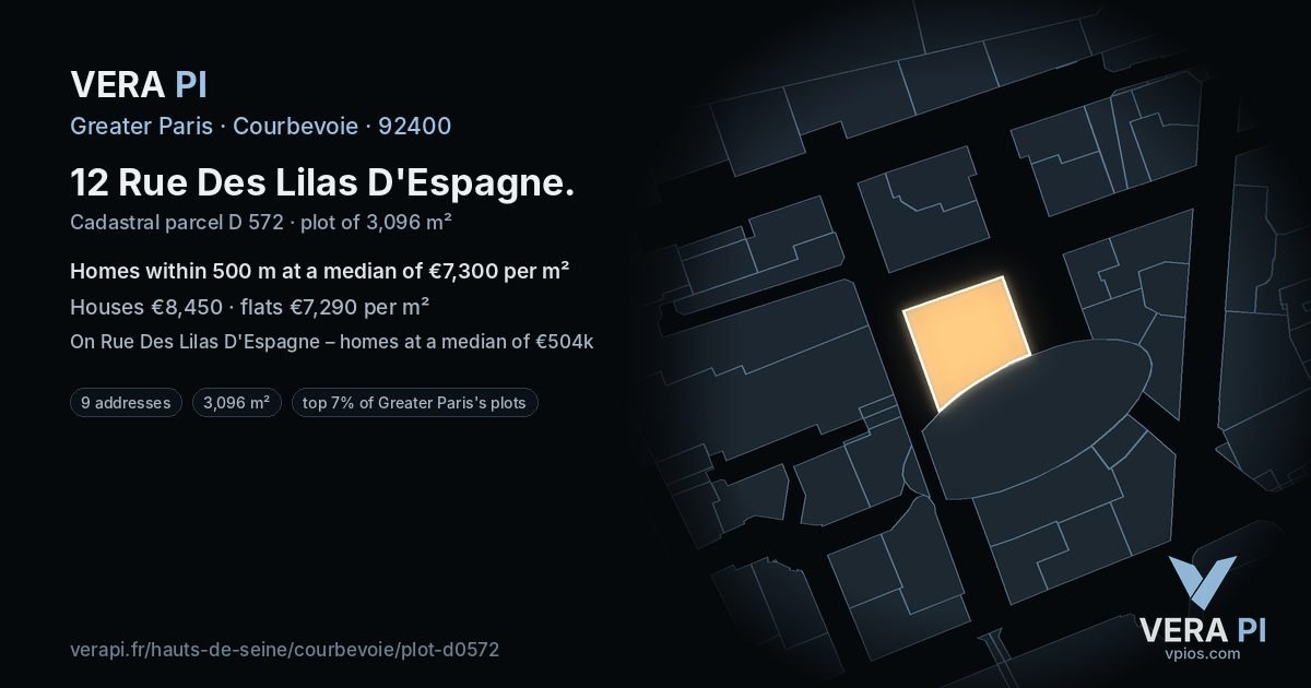12 Rue Des Lilas D'Espagne, Courbevoie at night – the plot lit, the parcels around coloured by the prices near them