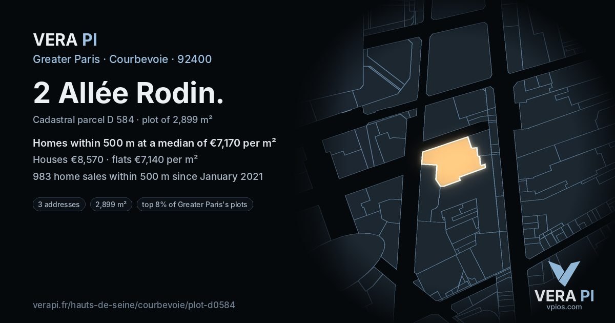 2 Allée Rodin, Courbevoie at night – the plot lit, the parcels around coloured by the prices near them