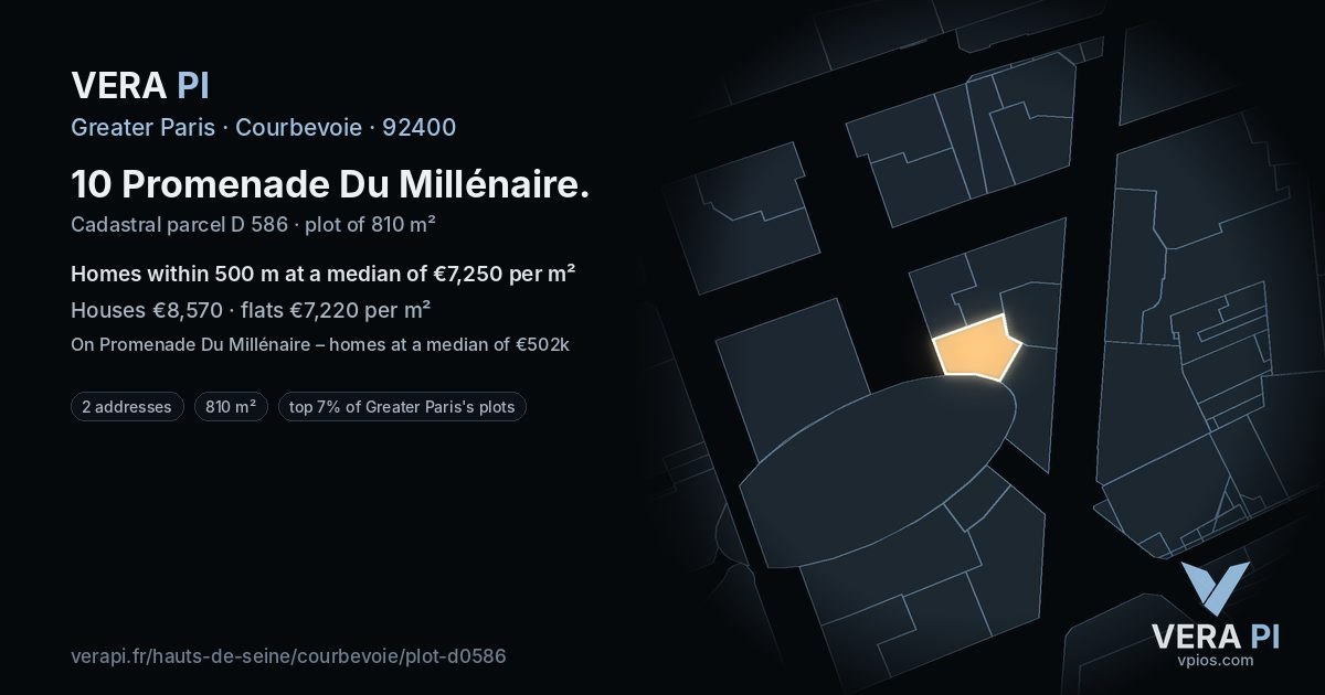 10 Promenade Du Millénaire, Courbevoie at night – the plot lit, the parcels around coloured by the prices near them