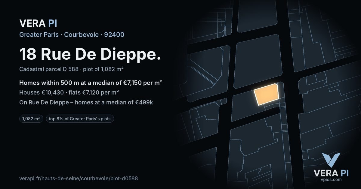 18 Rue De Dieppe, Courbevoie at night – the plot lit, the parcels around coloured by the prices near them
