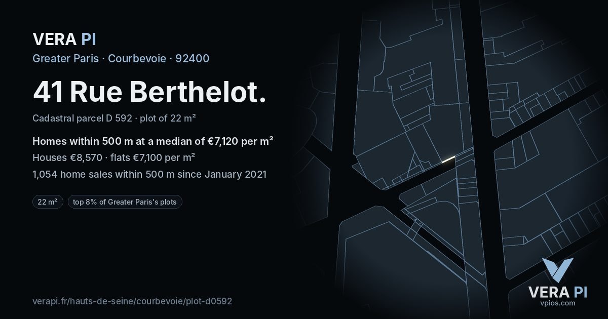 41 Rue Berthelot, Courbevoie at night – the plot lit, the parcels around coloured by the prices near them