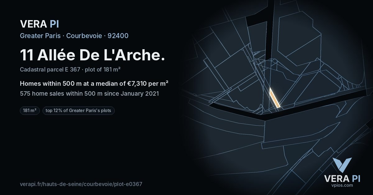 11 Allée De L'Arche, Courbevoie at night – the plot lit, the parcels around coloured by the prices near them