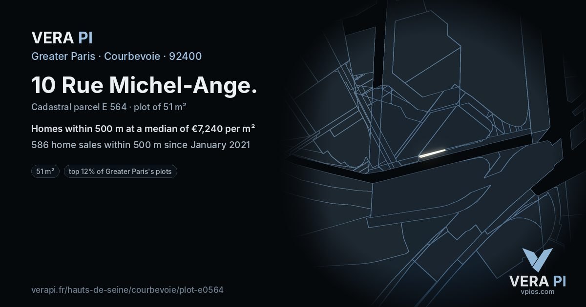 10 Rue Michel-Ange, Courbevoie at night – the plot lit, the parcels around coloured by the prices near them
