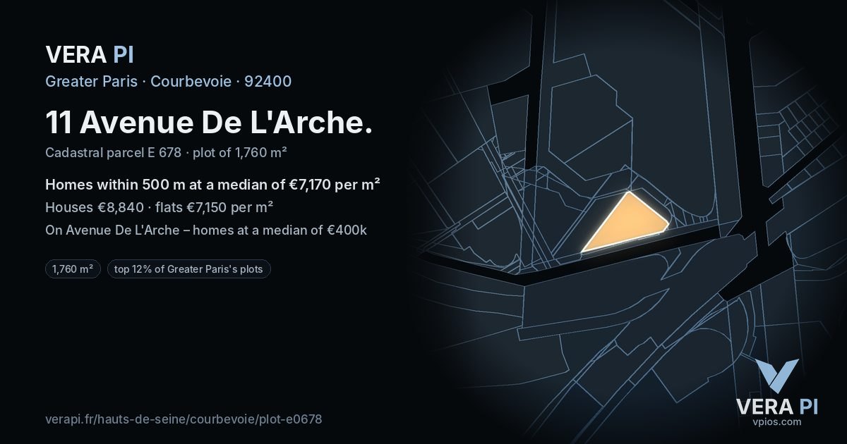 11 Avenue De L'Arche, Courbevoie at night – the plot lit, the parcels around coloured by the prices near them
