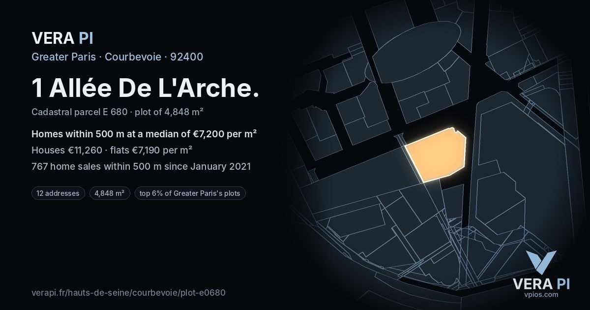 1 Allée De L'Arche, Courbevoie at night – the plot lit, the parcels around coloured by the prices near them