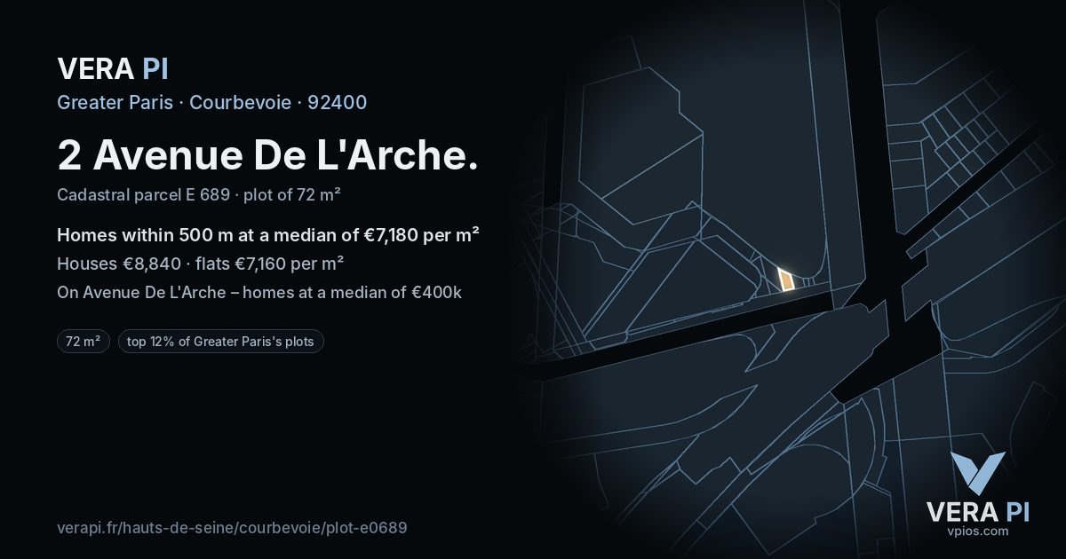 2 Avenue De L'Arche, Courbevoie at night – the plot lit, the parcels around coloured by the prices near them