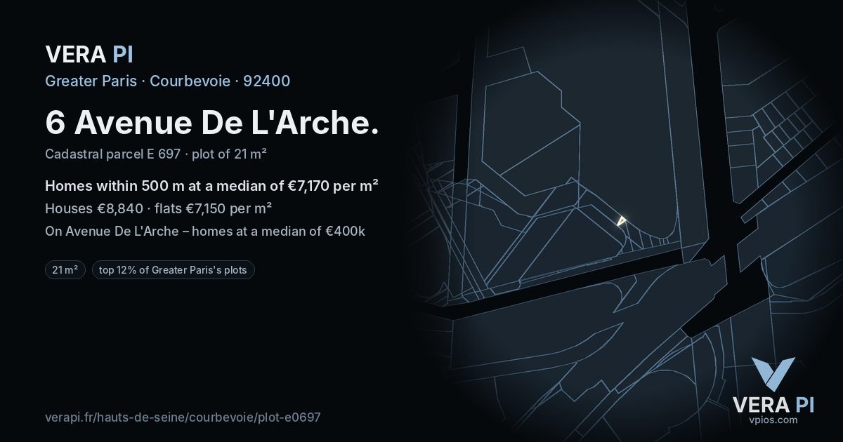 6 Avenue De L'Arche, Courbevoie at night – the plot lit, the parcels around coloured by the prices near them