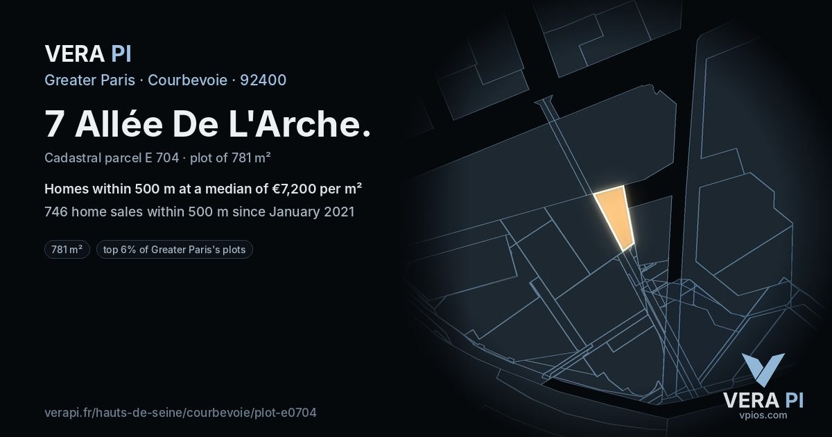 7 Allée De L'Arche, Courbevoie at night – the plot lit, the parcels around coloured by the prices near them