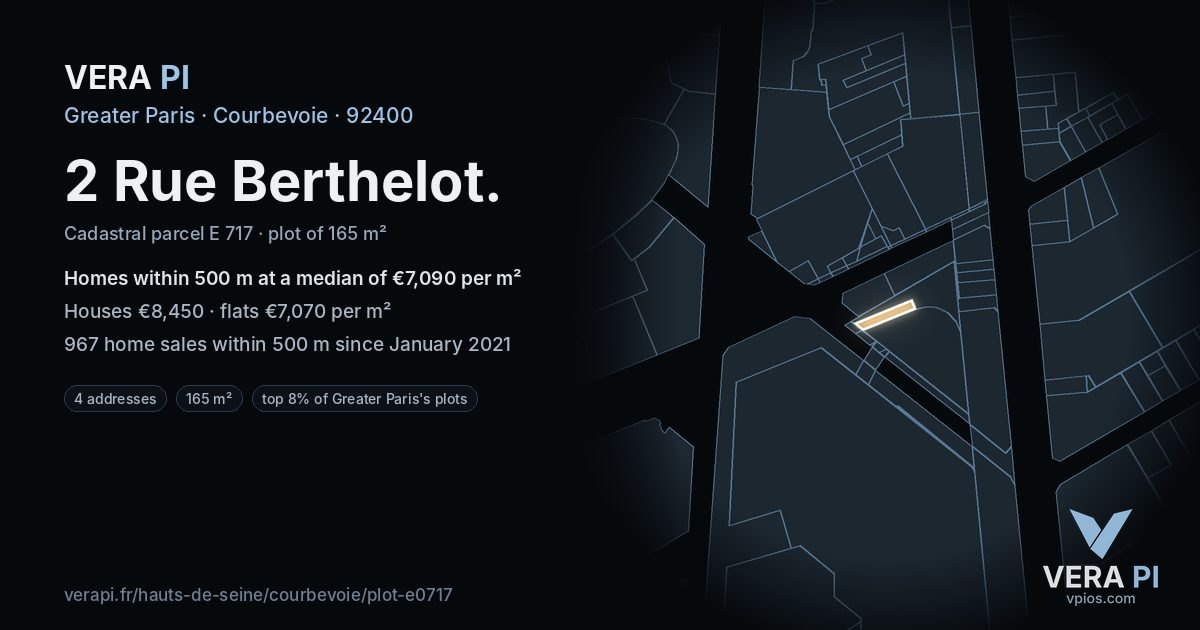 2 Rue Berthelot, Courbevoie at night – the plot lit, the parcels around coloured by the prices near them