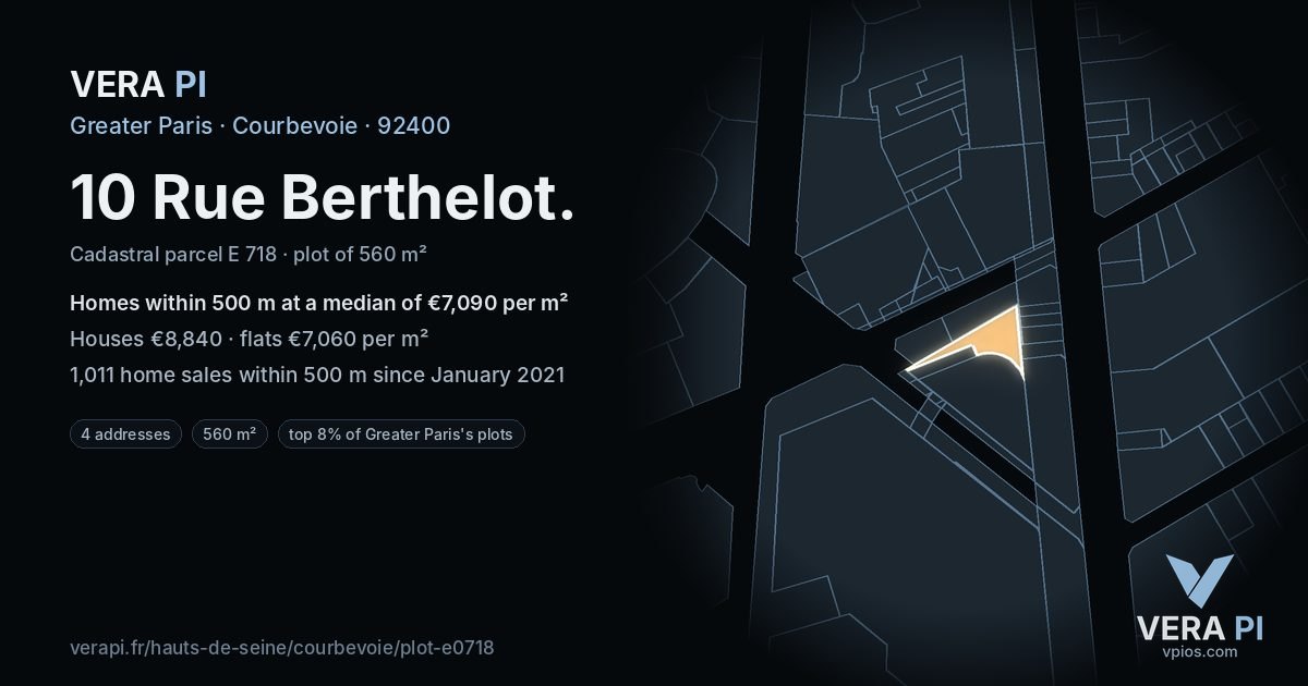10 Rue Berthelot, Courbevoie at night – the plot lit, the parcels around coloured by the prices near them