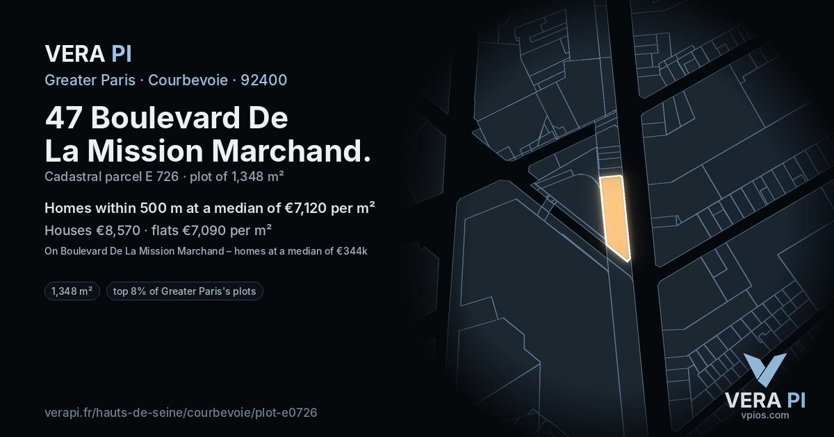 47 Boulevard De La Mission Marchand, Courbevoie at night – the plot lit, the parcels around coloured by the prices near them
