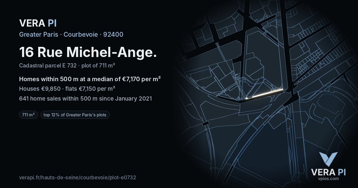 16 Rue Michel-Ange, Courbevoie at night – the plot lit, the parcels around coloured by the prices near them